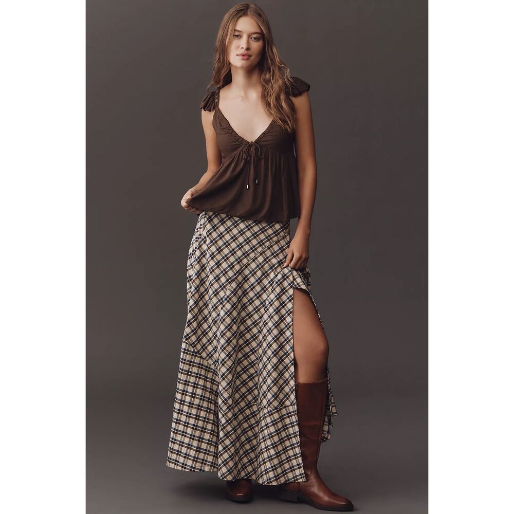 New Anthropologie Seamed Plaid Wrap Maxi Skirt Size M